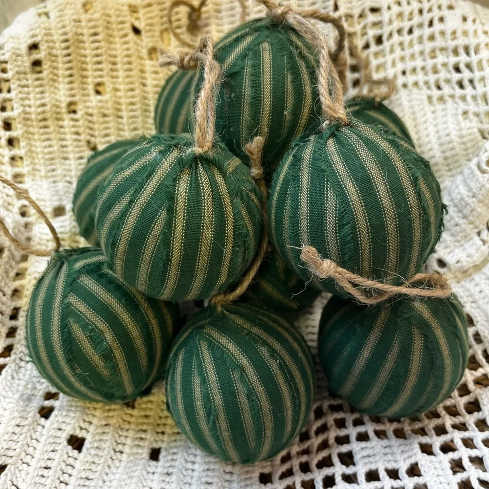 10 Primitive green stripe Fabric RAG BALLS Christmas Ornaments farmhouse decor